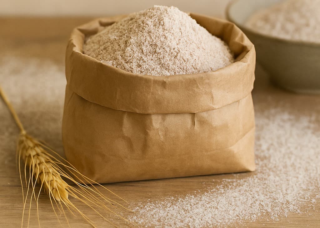Whole-grain flour in a paper bag beside a wheat ear