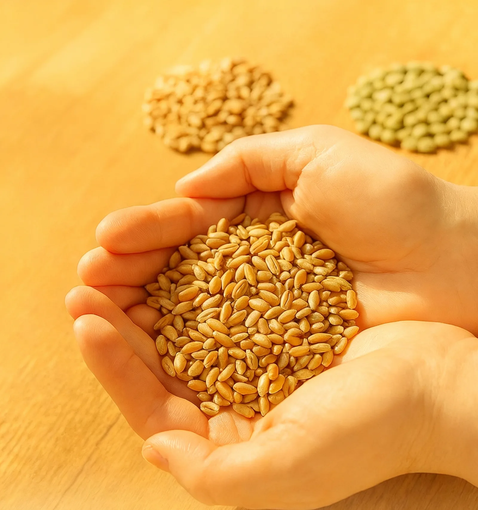 Wheat grains held in cupped hands above a wooden table