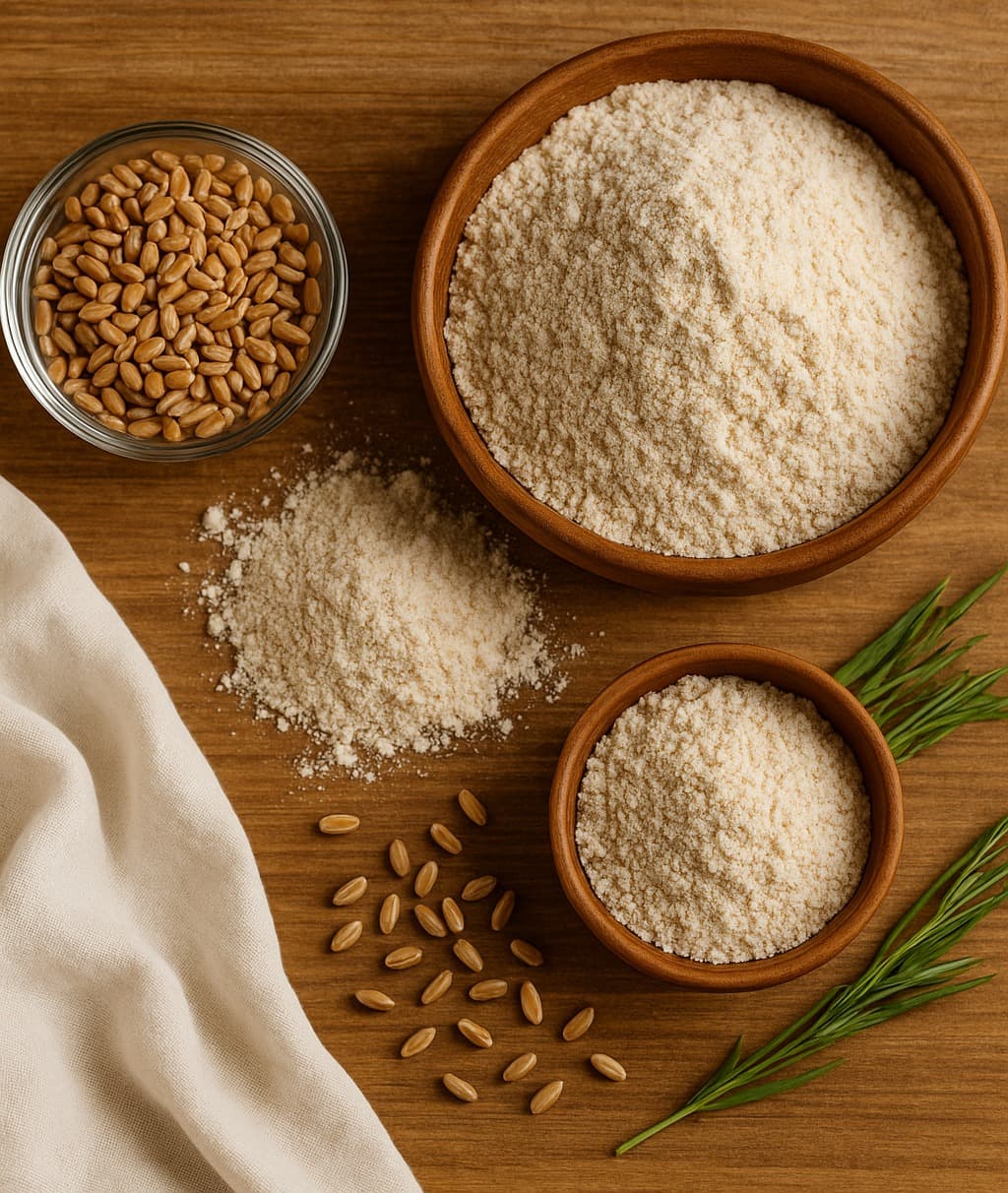 Flour in wooden bowls and wheat grains, seen from above